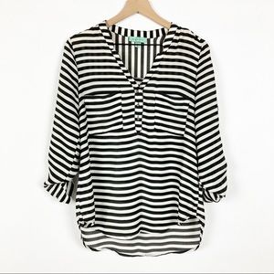 Sugarmint striped v neck button detail sheer tunic